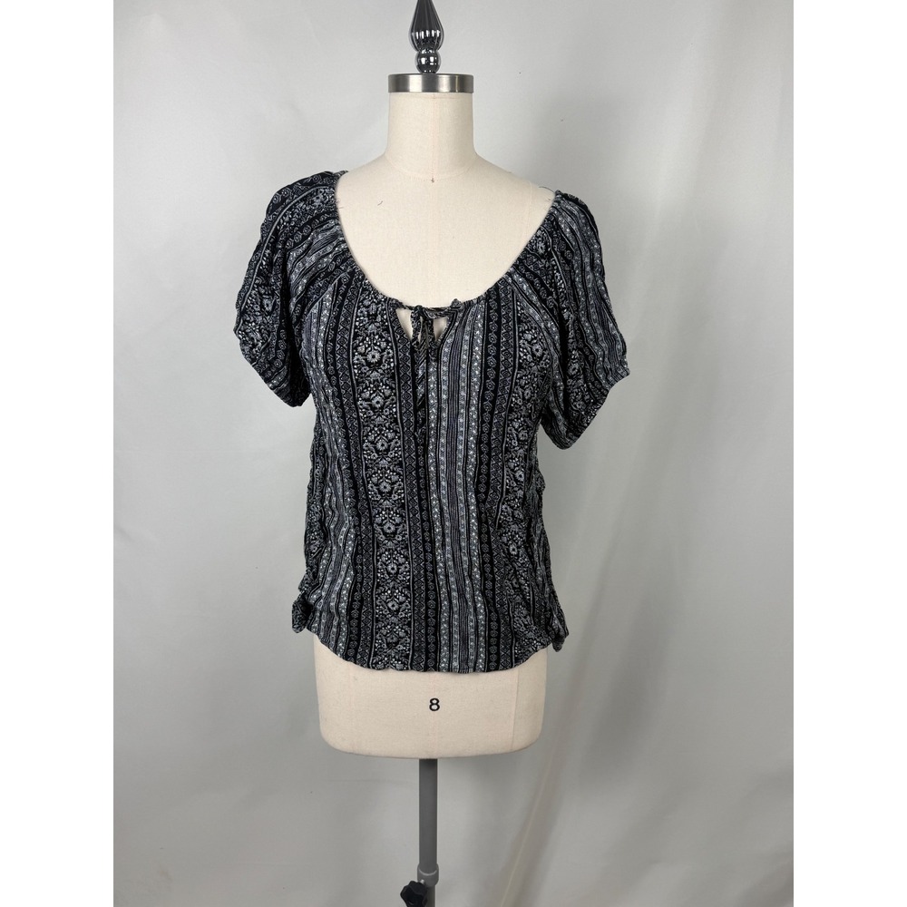 Mudd Large Y2K‎ Black White Boho Print Tie Front Peasant Blouse Hippy Gypsy